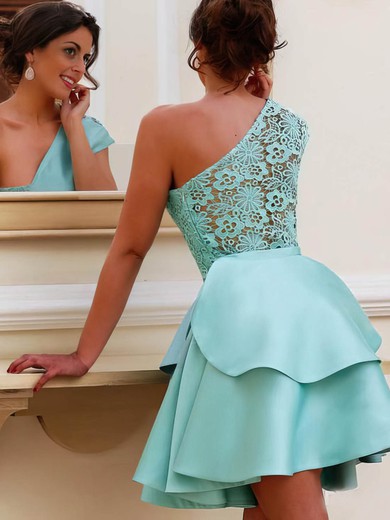 Ball Gown One Shoulder Satin Short/Mini Appliques Lace Short Prom Dresses #UKM020020110487