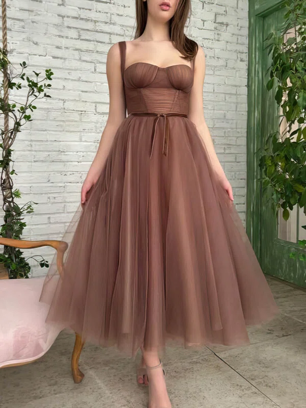A-line Sweetheart Tulle Ankle-length Short Prom Dresses With Sashes / Ribbons #UKM020020110510