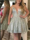 Ball Gown V-neck Glitter Knee-length Beading Short Prom Dresses #UKM020020110516