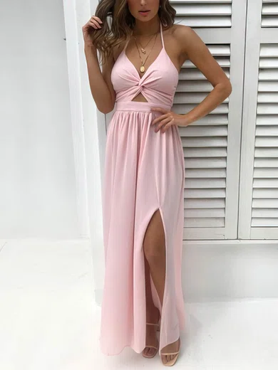 A-line Halter Chiffon Floor-length Split Front Bridesmaid Dresses #UKM010020106590