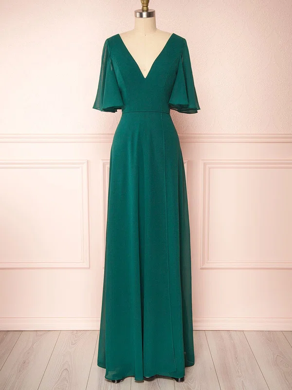 A-line V-neck Chiffon Floor-length Bridesmaid Dresses With Split Front #UKM01014395