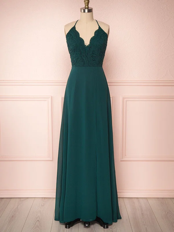 A-line V-neck Lace Chiffon Floor-length Split Front Bridesmaid Dresses #UKM01014398