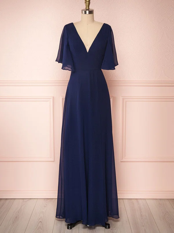 A-line V-neck Chiffon Floor-length Bridesmaid Dresses With Split Front #UKM01014403