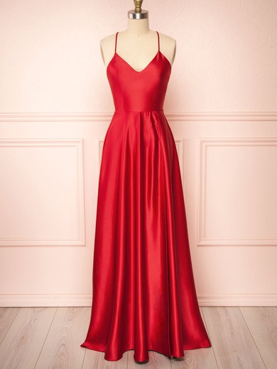A-line V-neck Satin Floor-length Bridesmaid Dresses #UKM01014411