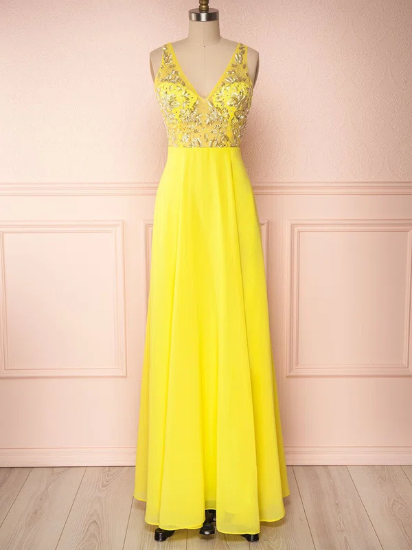 A-line V-neck Chiffon Floor-length Bridesmaid Dresses With Appliques Lace #UKM01014431