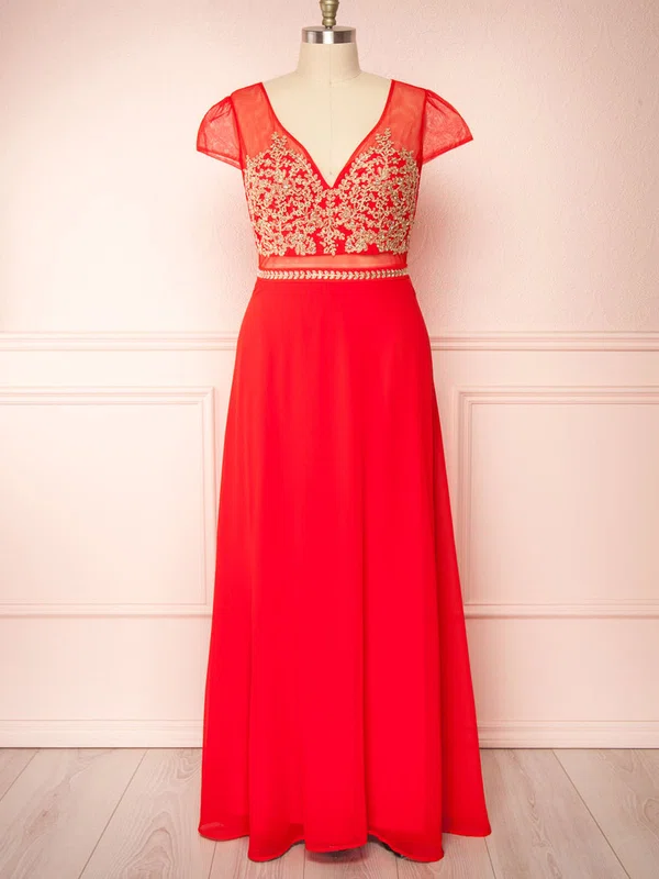 A-line V-neck Chiffon Tulle Floor-length Bridesmaid Dresses With Appliques Lace #UKM01014435