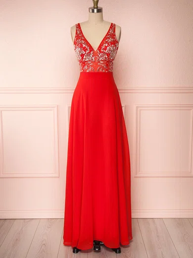 A-line V-neck Chiffon Tulle Floor-length Bridesmaid Dresses With Appliques Lace #UKM01014442