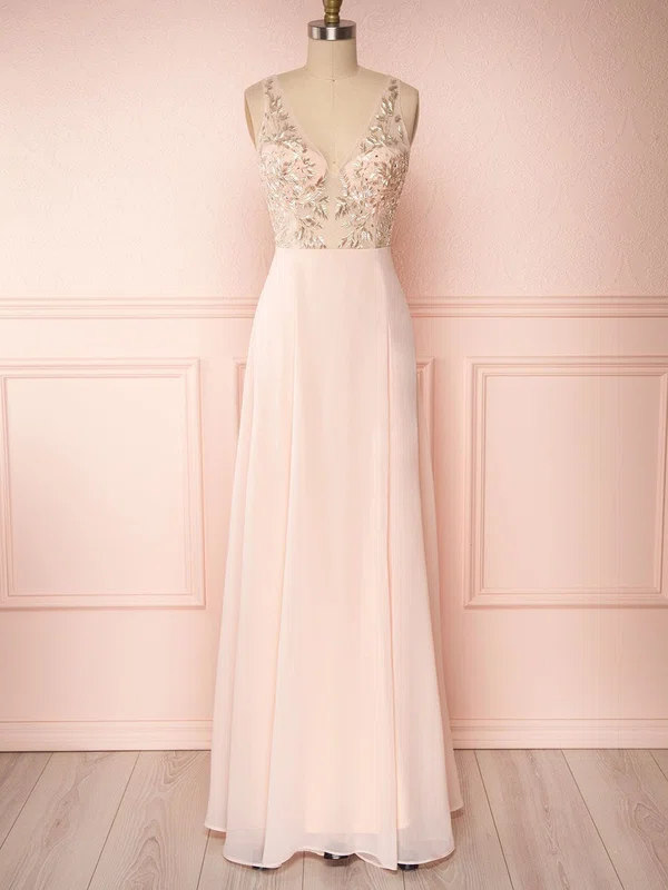 A-line V-neck Chiffon Tulle Floor-length Bridesmaid Dresses With Appliques Lace #UKM01014444
