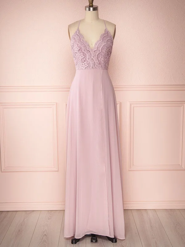 A-line V-neck Lace Chiffon Floor-length Split Front Bridesmaid Dresses #UKM01014457