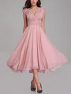 A-line V-neck Chiffon Tea-length Bridesmaid Dresses With Sashes / Ribbons #UKM01014297