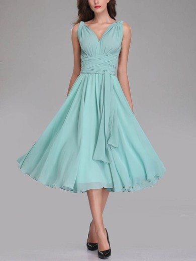 A-line V-neck Chiffon Tea-length Bridesmaid Dresses #UKM01014301