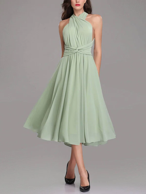 A-line V-neck Chiffon Tea-length Bridesmaid Dresses With Sashes / Ribbons #UKM01014302