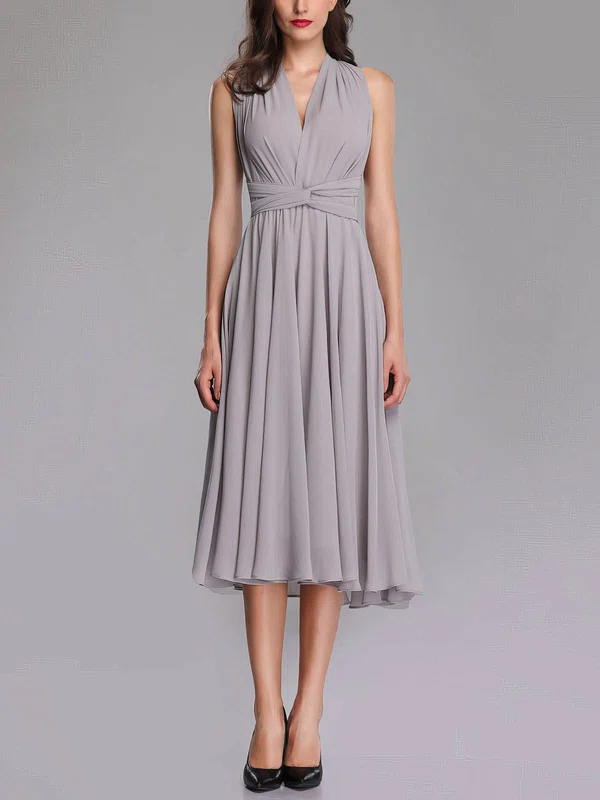 A-line V-neck Chiffon Tea-length Bridesmaid Dresses With Sashes / Ribbons #UKM01014304