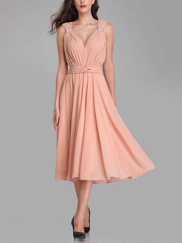 A-line V-neck Chiffon Tea-length Bridesmaid Dresses With Sashes / Ribbons #UKM01014305