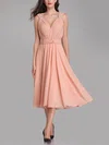 A-line V-neck Chiffon Tea-length Bridesmaid Dresses With Sashes / Ribbons #UKM01014305