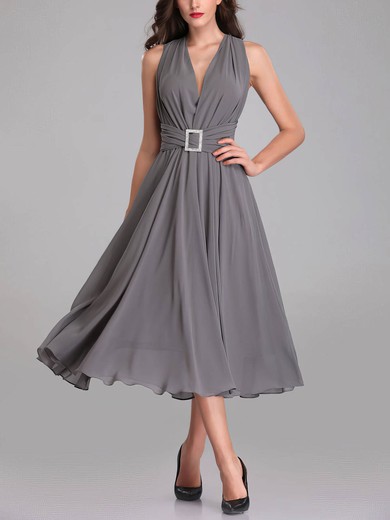 A-line V-neck Chiffon Tea-length Bridesmaid Dresses With Beading #UKM01014307