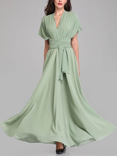 A-line V-neck Chiffon Floor-length Bridesmaid Dresses With Sashes / Ribbons #UKM01014327