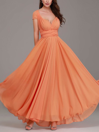 A-line V-neck Chiffon Floor-length Bridesmaid Dresses With Sashes / Ribbons #UKM01014333