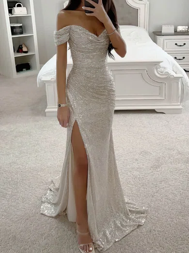 Sparkly Off-the-shoulder Ruched Sequin Prom Dresses #UKM020115639