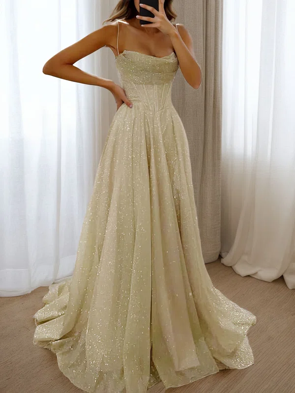 A-line Glitter Tulle Corset Prom Dresses with Ruched #UKM020115640