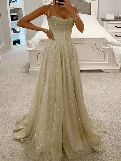 A-line Glitter Tulle Corset Prom Dresses with Ruched #UKM020115640
