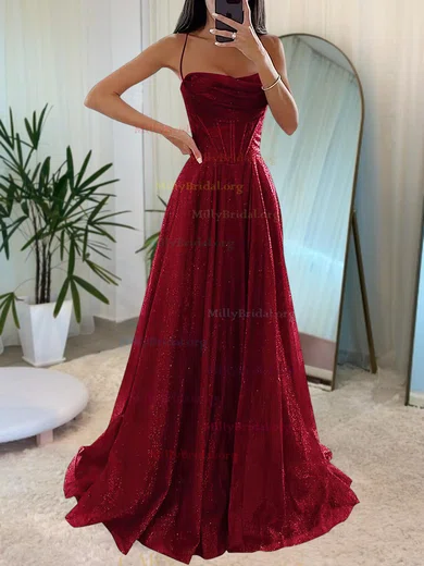 A line Sweep Train Cowl Neck Glitter Ruffles Prom Dresses