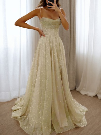 A-line Glitter Tulle Corset Prom Dresses with Ruched #UKM020115640