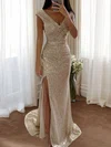 Sheath/Column Sweep Train V-neck Sequined Ruffles Prom Dresses #UKM020115643