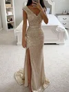 Sheath/Column Sweep Train V-neck Sequined Ruffles Prom Dresses #UKM020115643