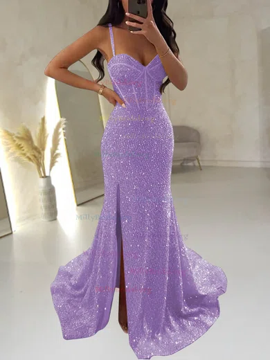 Sheath Column Sweetheart Velvet Sequins Sweep Train Prom Dresses With Split Front MillyBridal