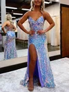 Sheath/Column V-neck Sequined Sweep Train Prom Dresses With Split Front #UKM020115653