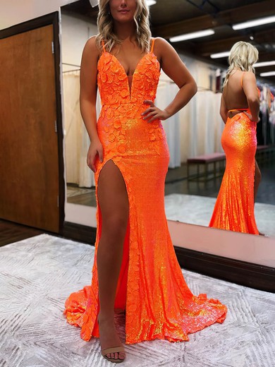 Sheath/Column Sweep Train V-neck Sequined Appliques Lace Prom Dresses #UKM020115654