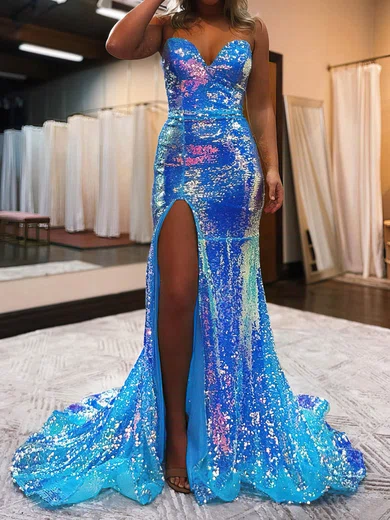 Mermaid Strapless Sparkly Sequin Prom Dresses #UKM020115655