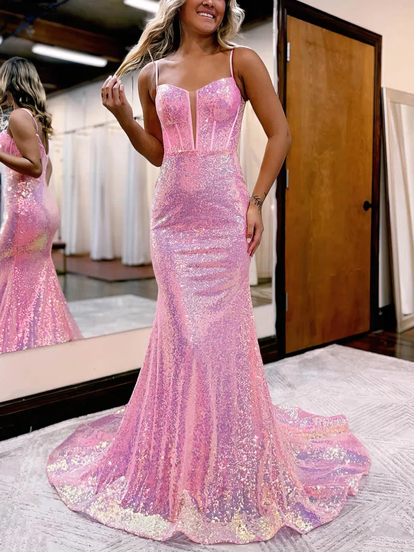 Trumpet/Mermaid Sweep Train V-neck Sequined Prom Dresses #UKM020115657