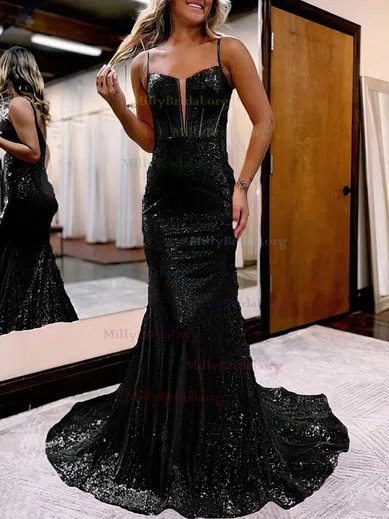 Black Sequin Halter V-neck Mermaid Sweep Train Prom Dresses, CP0098 –  clover sew