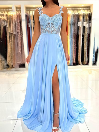 A-line Sweep Train Sweetheart Chiffon Appliques Lace Prom Dresses #UKM020115660