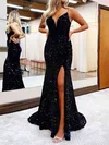 Sheath/Column V-neck Sparkly Velvet Sequin Prom Dresses #UKM020115663