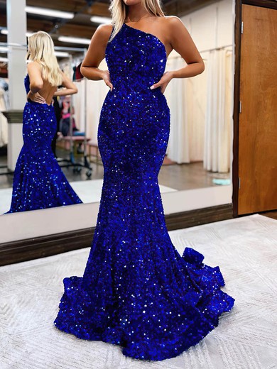 Trumpet/Mermaid Sweep Train One Shoulder Velvet Sequins Prom Dresses #UKM020115664