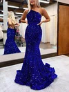 Trumpet/Mermaid Sweep Train One Shoulder Velvet Sequins Prom Dresses #UKM020115664