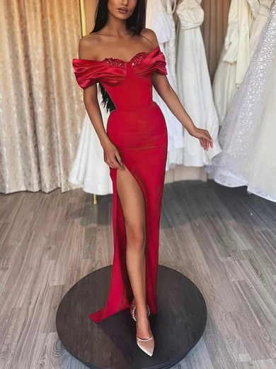 Elegant Red Satin Sheath/Column Ruched Split Formal Dresses PT020115676