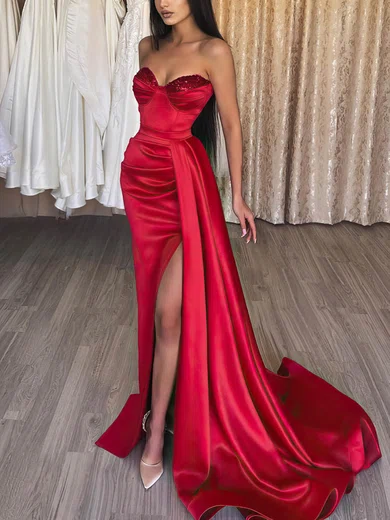 Sheath/Column Strapless Satin Prom Dresses With Ruched #UKM020115678