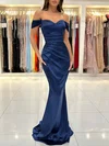 Sheath/Column Floor-length Off-the-shoulder Silk-like Satin Ruffles Prom Dresses #UKM020115682