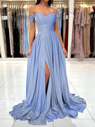 A-line Off-the-shoulder Glitter Sweep Train Prom Dresses With Split Front #UKM020115683