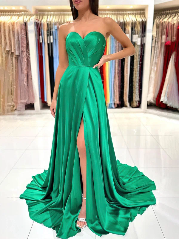 A-line Sweep Train Sweetheart Silk-like Satin Ruffles Prom Dresses #UKM020115684