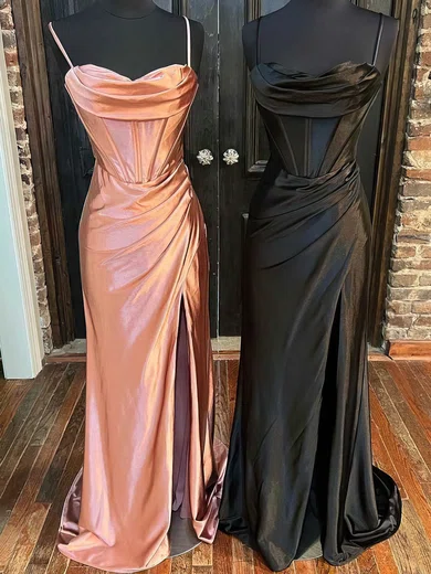 Sheath/Column Sweetheart Satin Corset Prom Dresses With Ruched #UKM020115686
