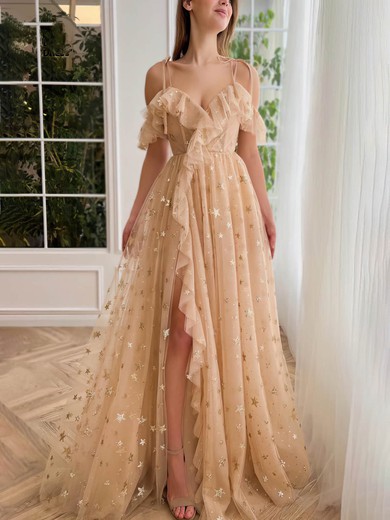 Ball Gown/Princess Off-the-shoulder Tulle Sweep Train Prom Dresses With Cascading Ruffles #UKM020115692
