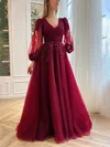 Ball Gown/Princess V-neck Tulle Floor-length Prom Dresses With Appliques Lace #UKM020115693