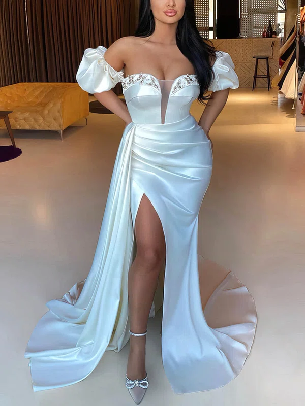 Sheath/Column Off-the-shoulder Satin Sweep Train Evening Dresses With Beading PT020115699