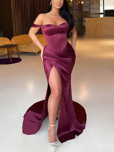 Sheath/Column Off-the-shoulder Satin Corset Prom Dresses With Ruched #UKM020115705