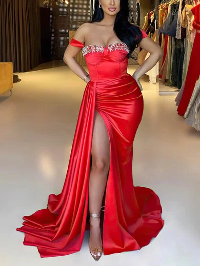 Red Mermaid Off-the-shoulder Satin Prom Dresses With Ruched #UKM020115710